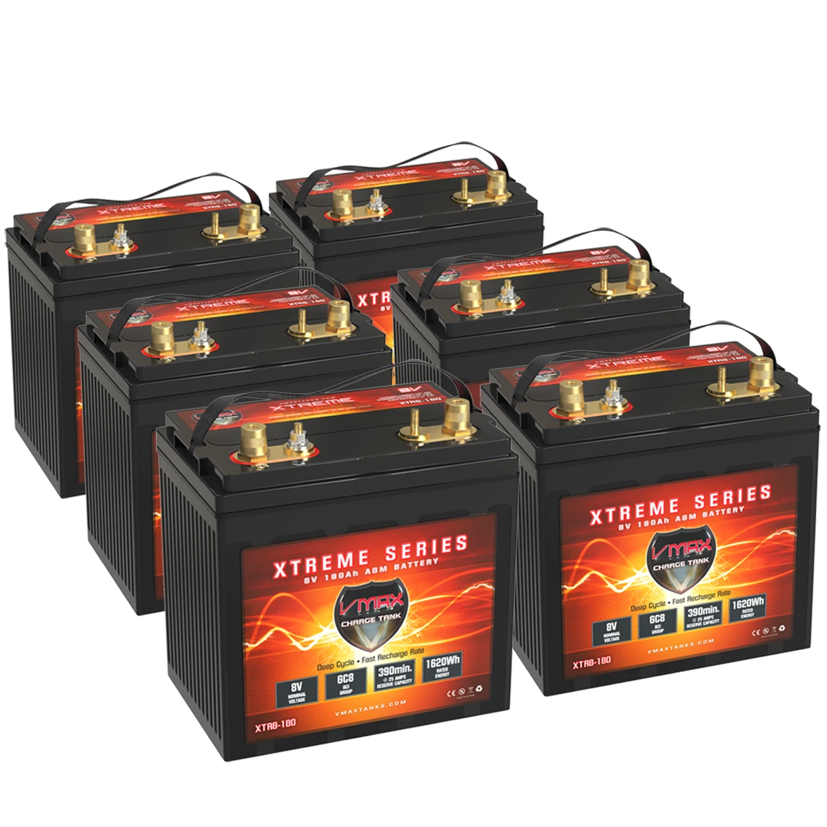 6 Pack XTR8-180 GC8 8 Volt AGM Batteries for 48 Volt